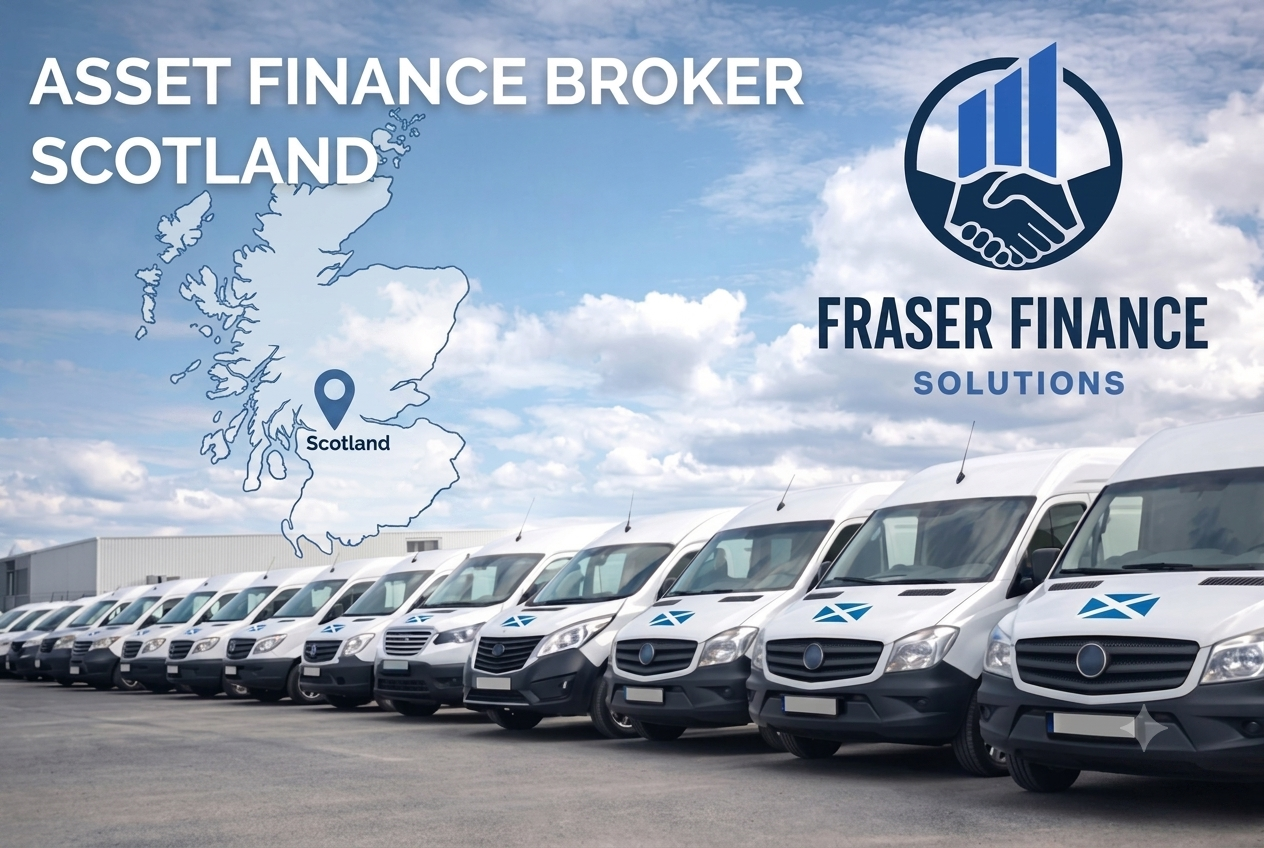 A fleet of commercial white vans lined up outdoors, featuring a map of Scotland and the logo for Fraser Finance Solutions, an asset finance broker in Scotland.